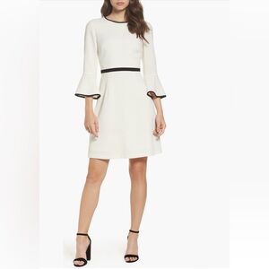 Eliza J Piped Trim Bell-Sleeve Fit & Flare Dress in Ivory & Black, size 12